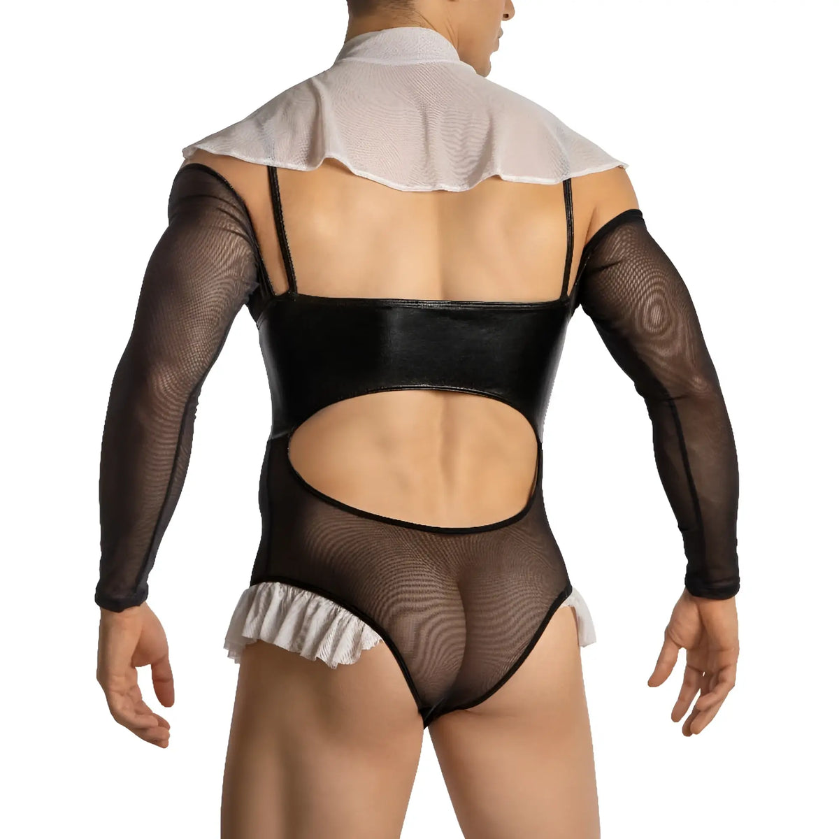 Secret male smt003 set black mesh bodysuit with glossy faux leather torso and white ruffled collar and hem