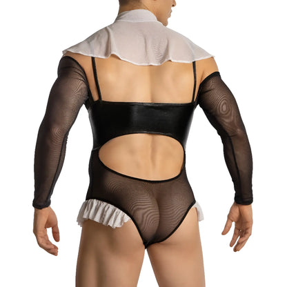 Secret male smt003 set black mesh bodysuit with glossy faux leather torso and white ruffled collar and hem
