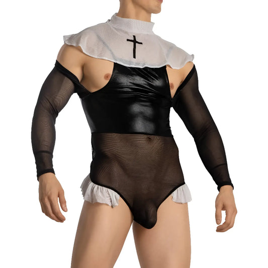Black and white sheer mesh bodysuit with high collar ruffled trim and black cross emblem from secret male smt003 set