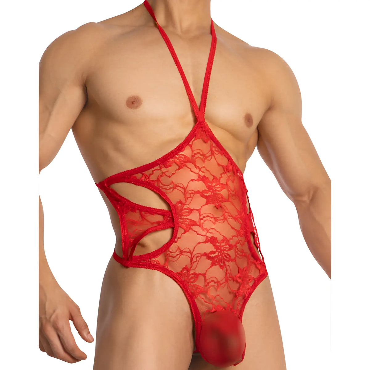 Red lace bodysuit with intricate floral patterns and cut-out details from Secret Male SMV007 collection