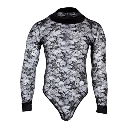 Secret Male SMV008 bodysuit black floral lace with high neckline and long sleeves for stylish intimate wear