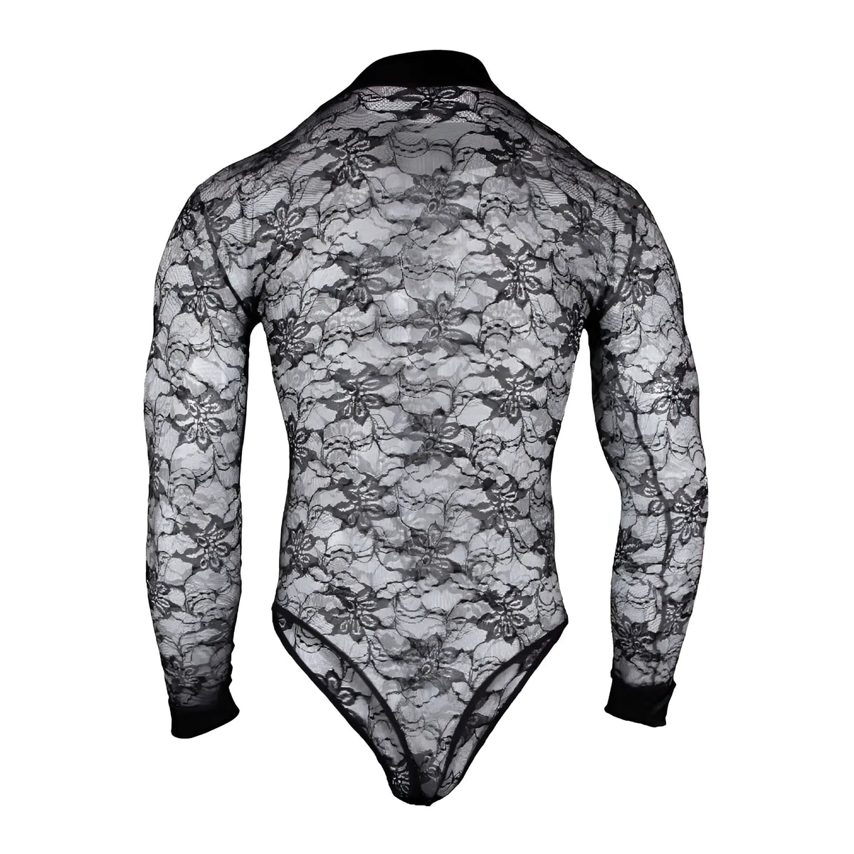 Black floral lace bodysuit with long sleeves and high neckline from Secret Male SMV008 collection front view