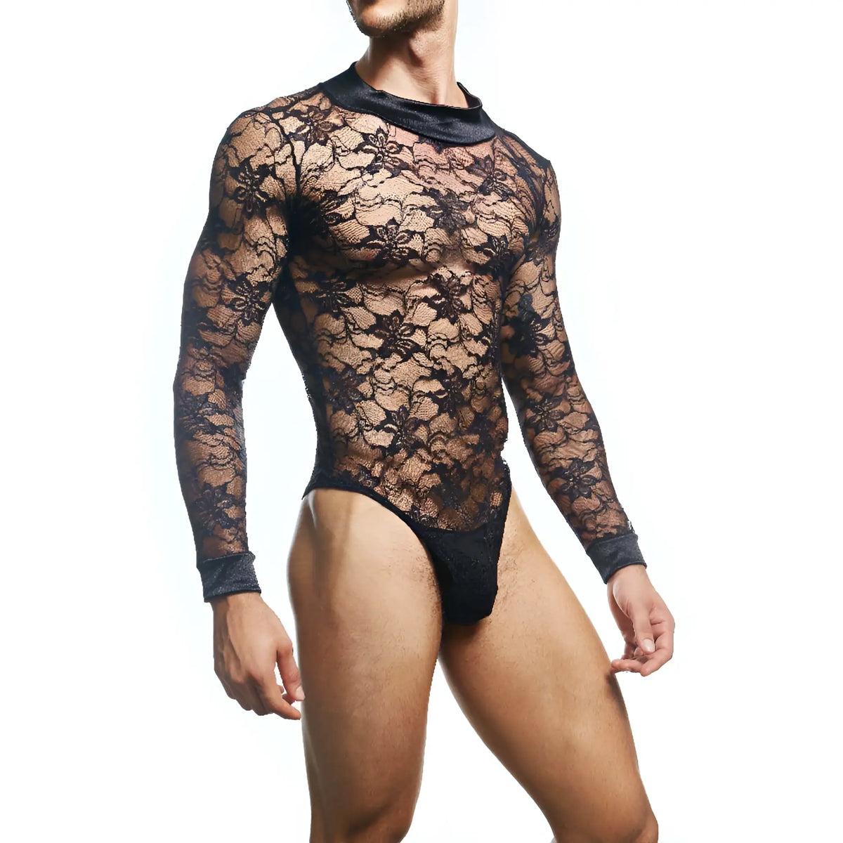 Black lace long sleeve bodysuit with high neckline from secret male smv008 for a stylish and elegant look