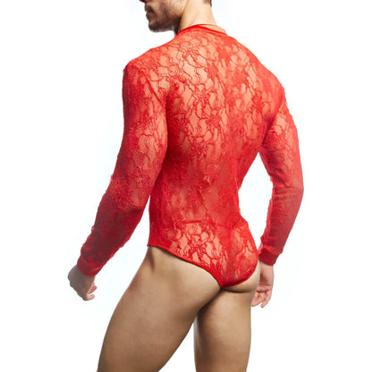 Red lace long-sleeved bodysuit with intricate floral patterns by secret male smv008 for elegant intimate wear