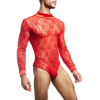 Secret male SMV008 vibrant red long-sleeved lace bodysuit with high collar and intricate floral pattern
