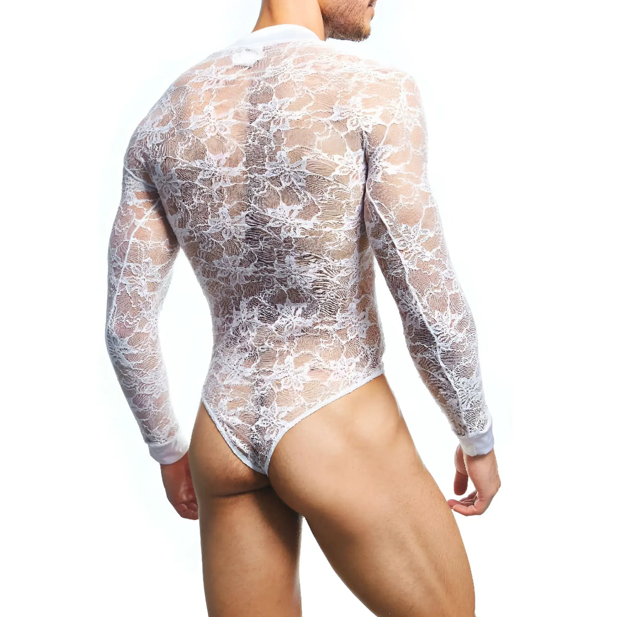 Secret Male SMV008 white floral lace bodysuit with long sleeves and high neckline for elegant wear