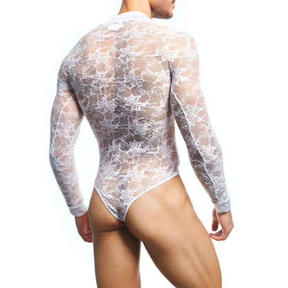 Secret Male SMV008 white floral lace bodysuit with long sleeves and high neckline for elegant wear