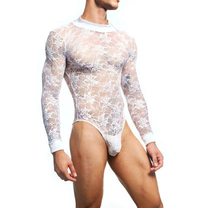 White lace Secret Male SMV008 bodysuit with long sleeves and high neckline for elegant styling
