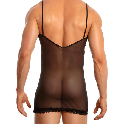 Secret Male SMW001 set black sheer mesh bodysuit with delicate lace trim and thin spaghetti straps