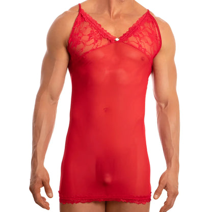 Red sheer lace bodysuit with delicate floral patterns and v-neckline from secret male smw001 set