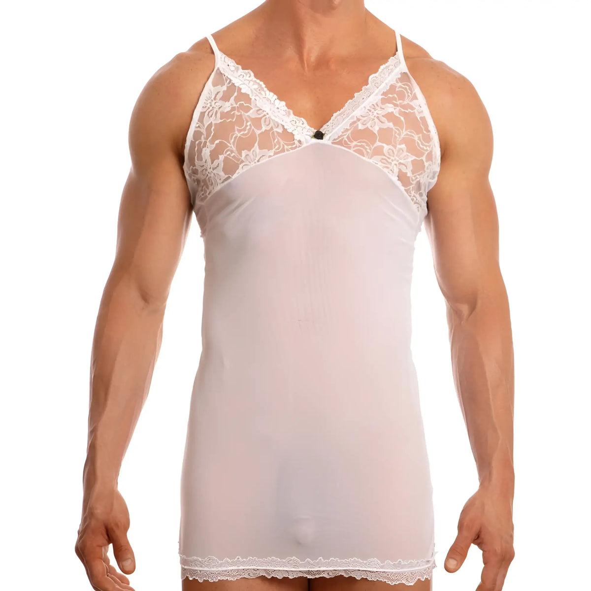 White lace-trimmed sheer menâ€™s nightshirt with floral patterned detailing from secret male smw001 set visible from front view