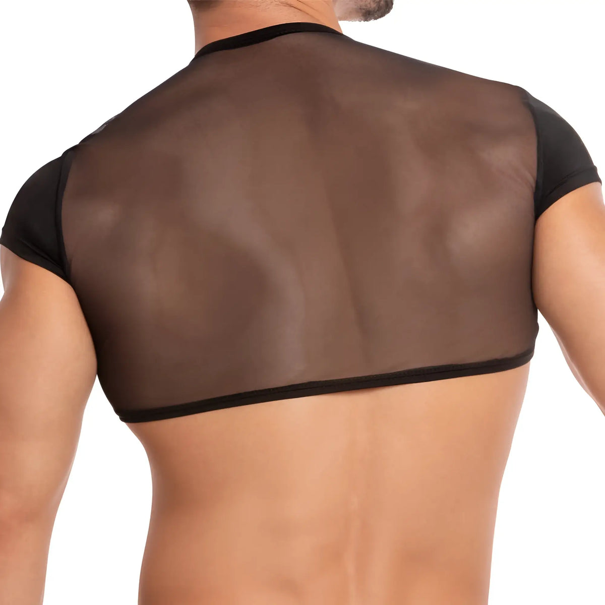 Black mesh shoulder cover with short sleeves and black trim from secret male smw002 tops and bras collection