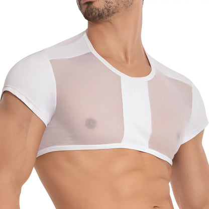White mesh crop top with short sleeves and solid white shoulder panels from secret male smw002 tops and bras collection