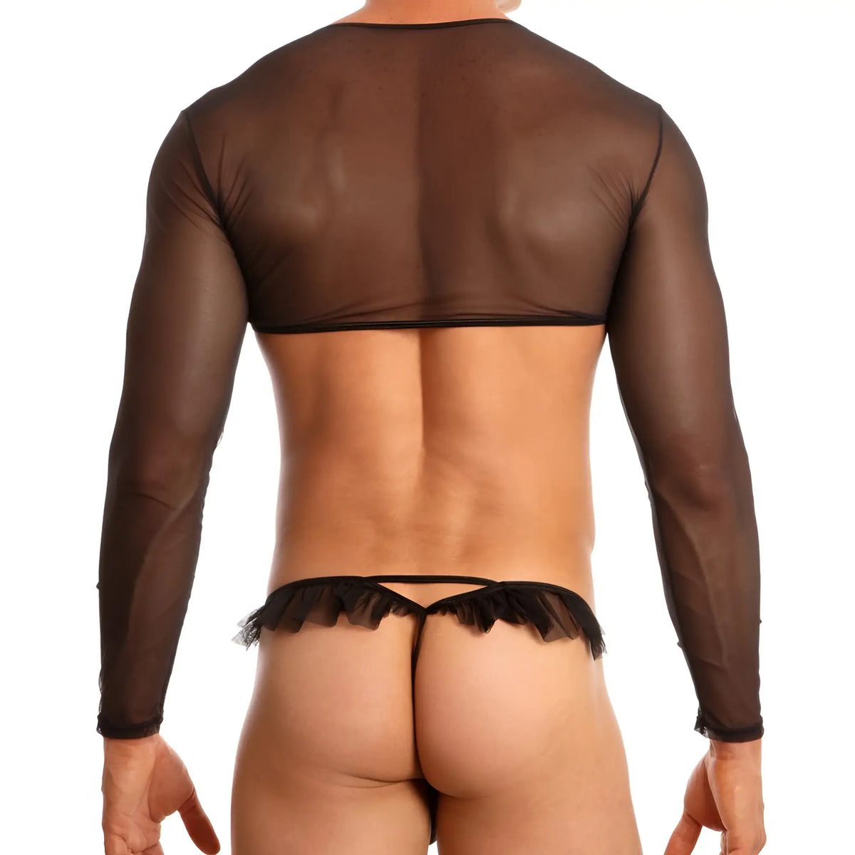 Black sheer long-sleeved top with fringed waistband detailing from secret male SMX001 tops and bras collection