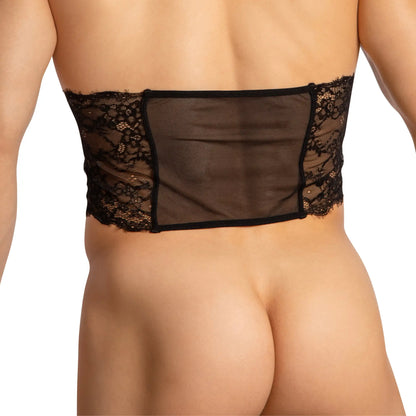 Black lace corset belt with sheer mesh center panel from secret male smx002 tops collection