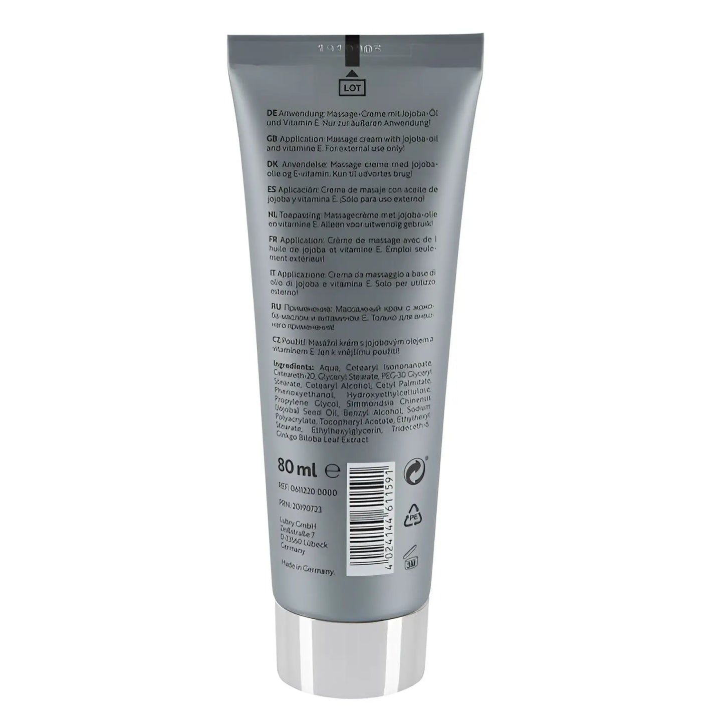 Silver tube of Sedory penis care creme XXL 80mL with jojoba oil and vitamin E labeled in multiple languages