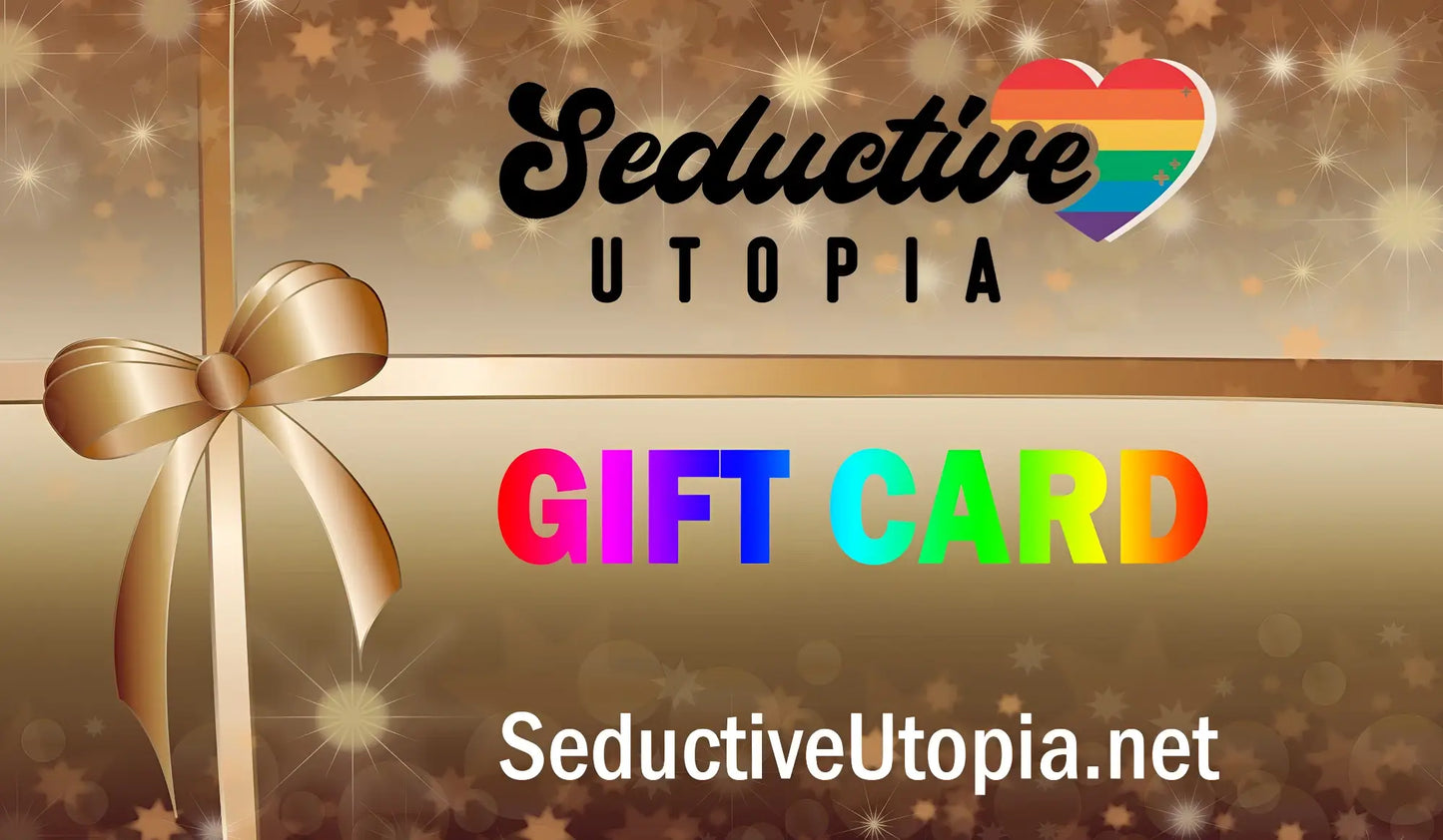 Golden satin ribbon bow featured on a seductiveutopia net egift card enhancing its luxurious appeal