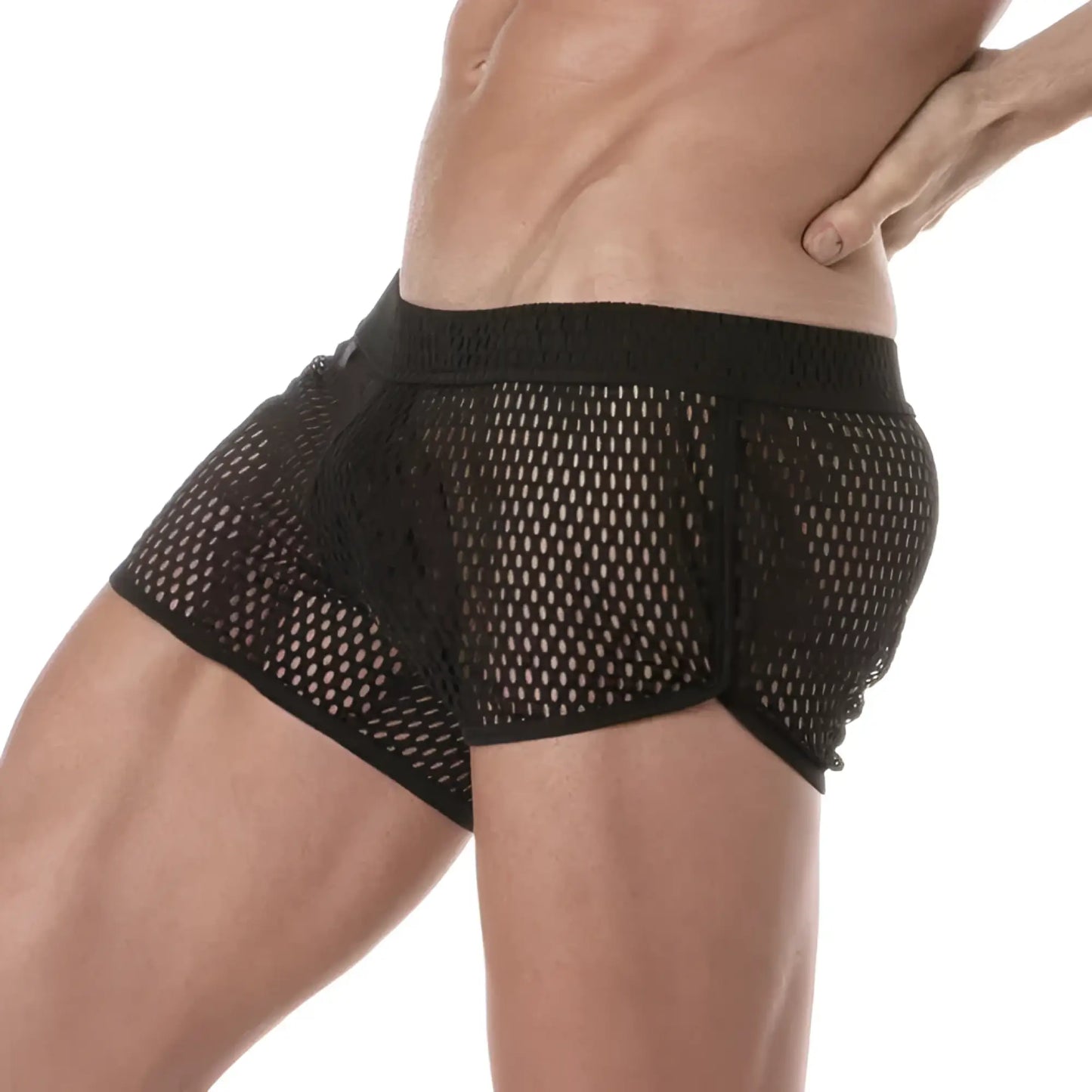 Black mesh boxer shorts with a solid elastic waistband showing the breathable see-through mesh design