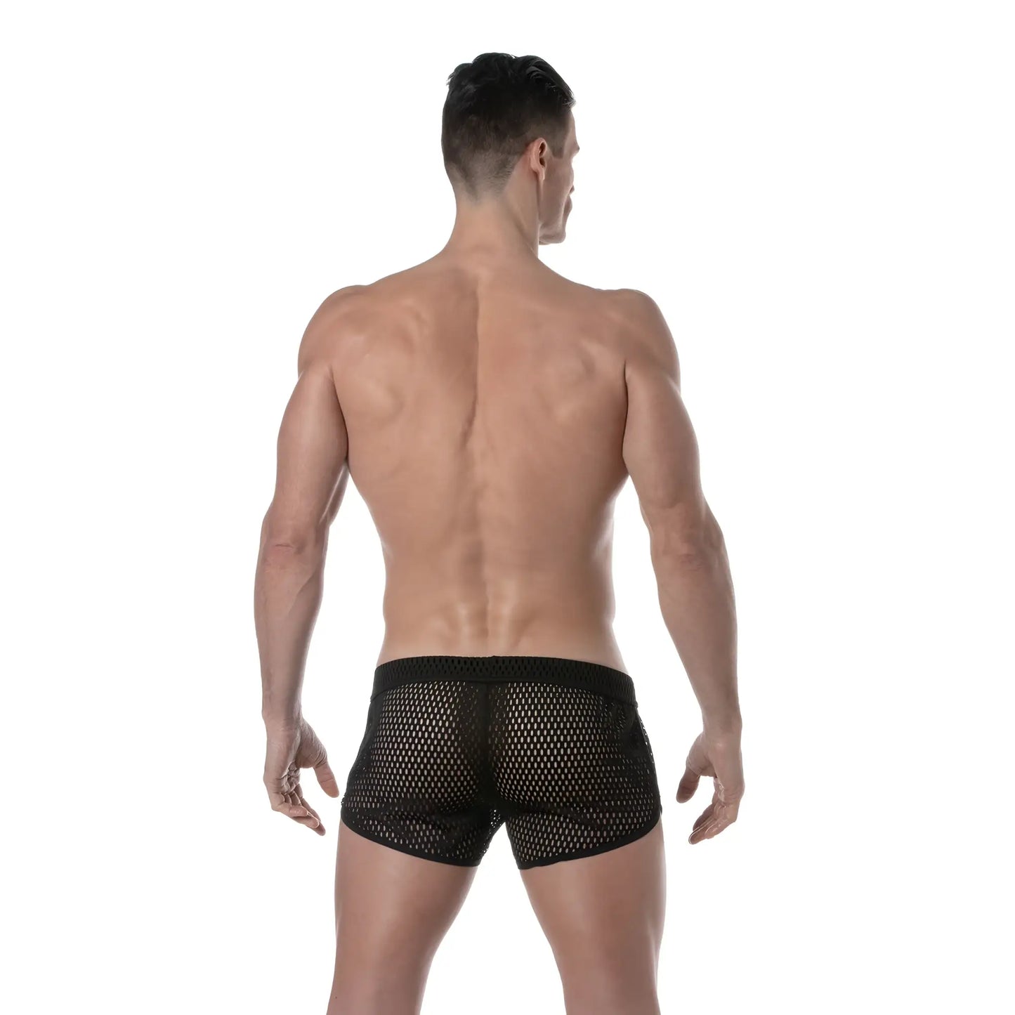 Black see-through mesh briefs with a solid black waistband showing the front side of the short