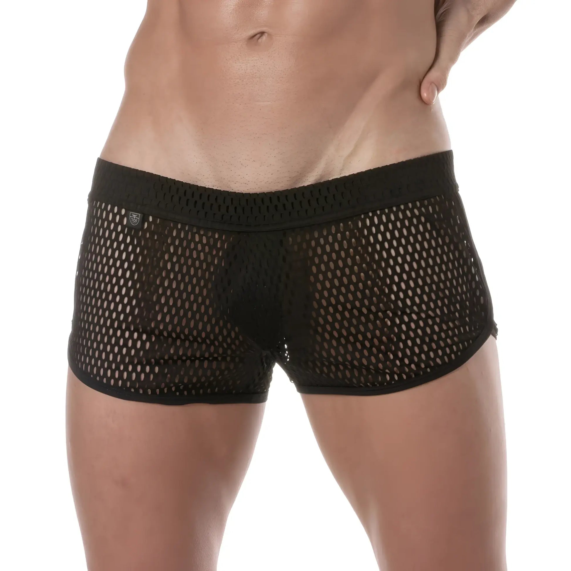 Black see-through mesh short briefs with solid waistband showing front design and breathable material