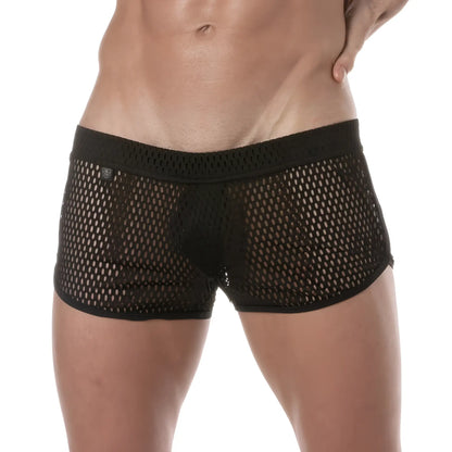 Black see-through mesh short briefs with solid waistband showing front design and breathable material