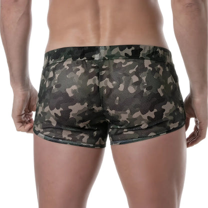 See-through mesh shorts in green beige and black camouflage pattern made from lightweight breathable material