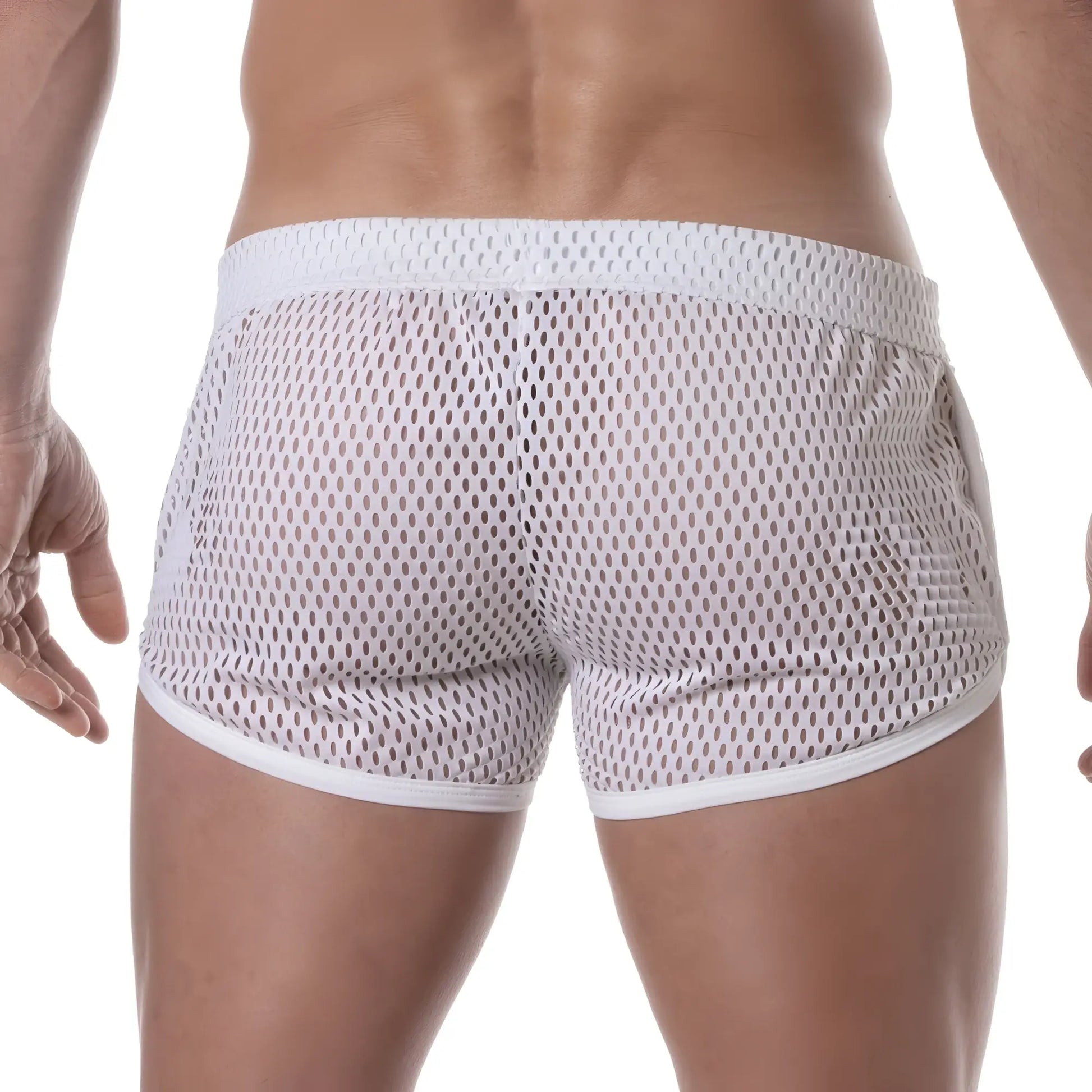See-through mesh shorts in white with a solid white waistband and hem, made from breathable mesh fabric