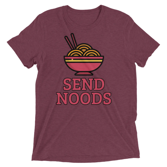 Maroon heathered cotton t-shirt with colorful cartoon bowl of noodles and bold pink send noods text on front