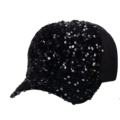 Black sequin baseball cap with sparkling sequins for a stylish and eye-catching casual accessory