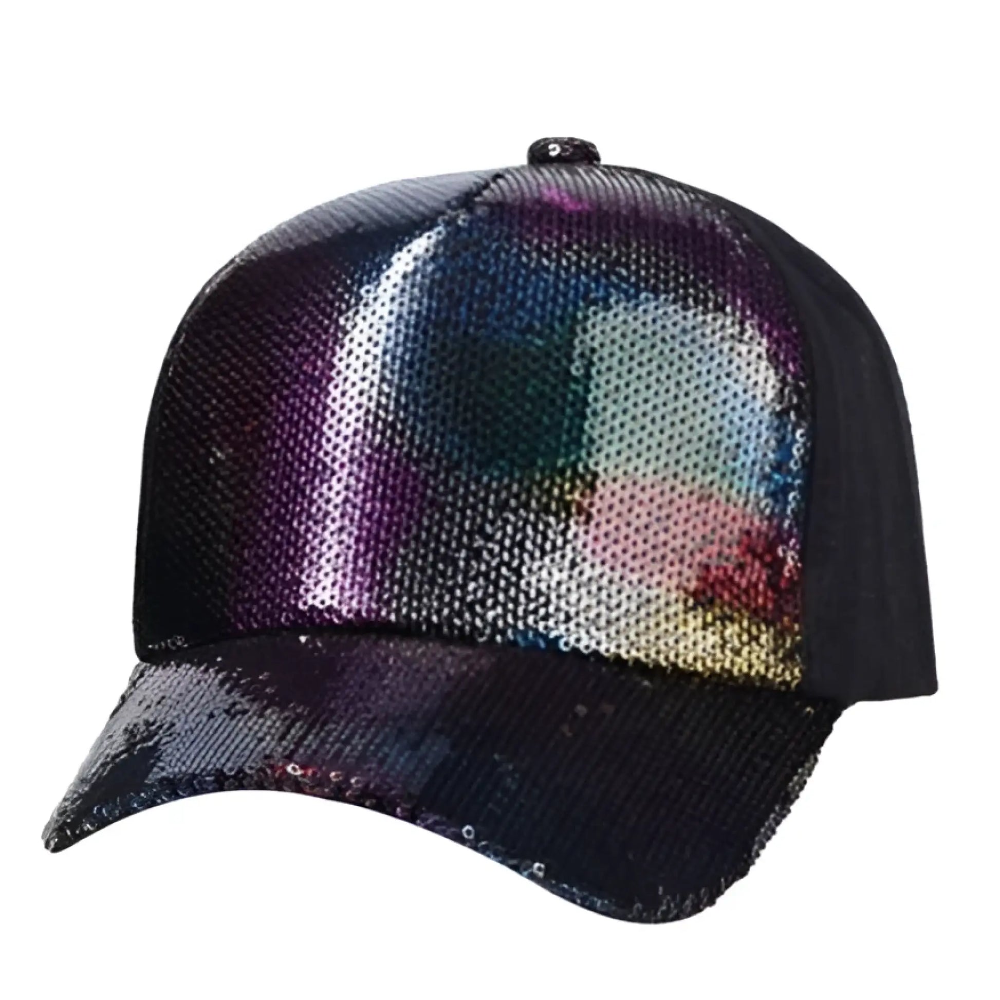 A black sequin baseball cap with a shimmering galaxy-themed front panel in iridescent purples and blues