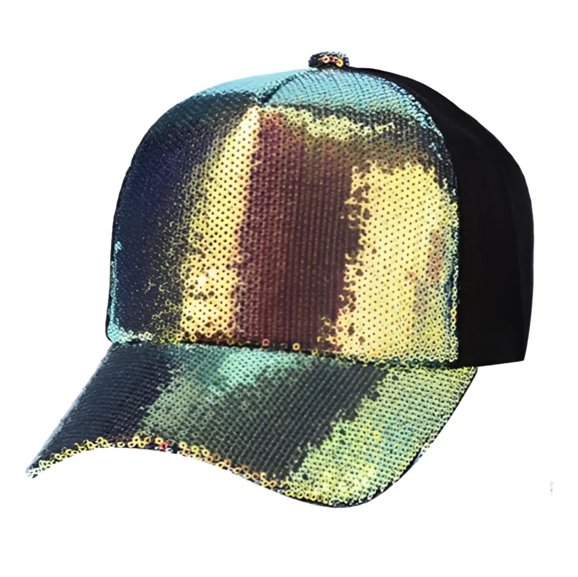 Sequin baseball cap with black mesh back and iridescent teal gold and bronze sequins on the front and brim