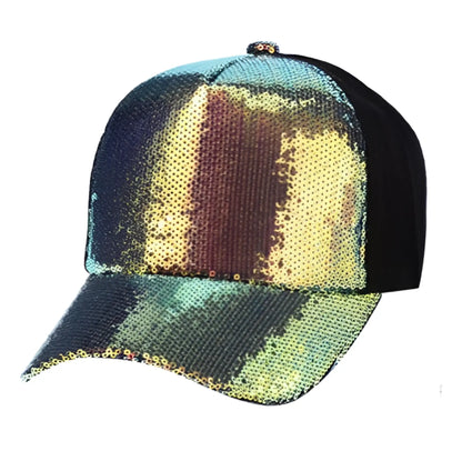 Sequin baseball cap with black mesh back and iridescent teal gold and bronze sequins on the front and brim
