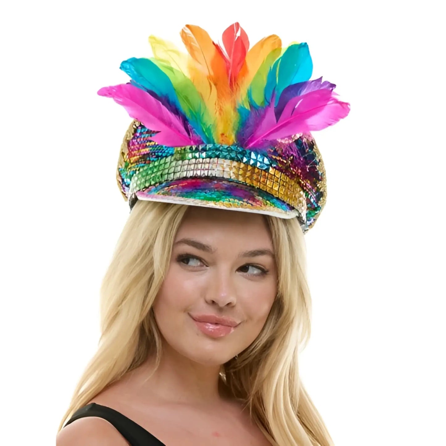 Sequin festival hat with wide brim and vibrant rainbow feathered sequins for colorful party wear