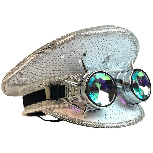 Silver sequined festival hat with pearl trim and spiked steampunk goggles featuring iridescent lenses