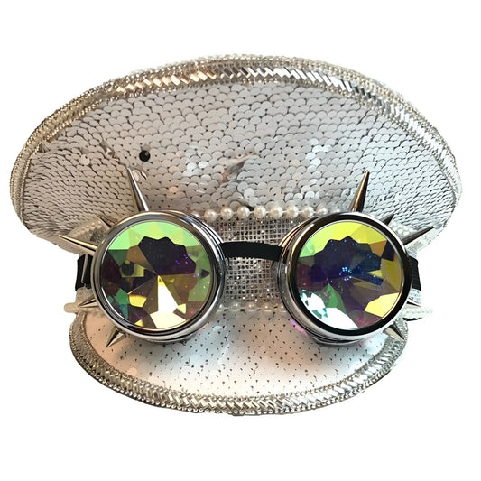 Silver sequined festival hat with spiked goggles featuring iridescent multifaceted lenses and a pearl accent