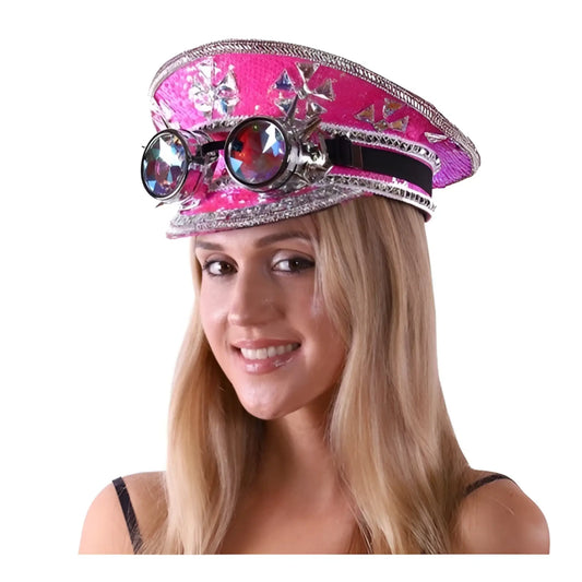 A vibrant pink steampunk festival hat with silver embellishments and ornate goggles on the front