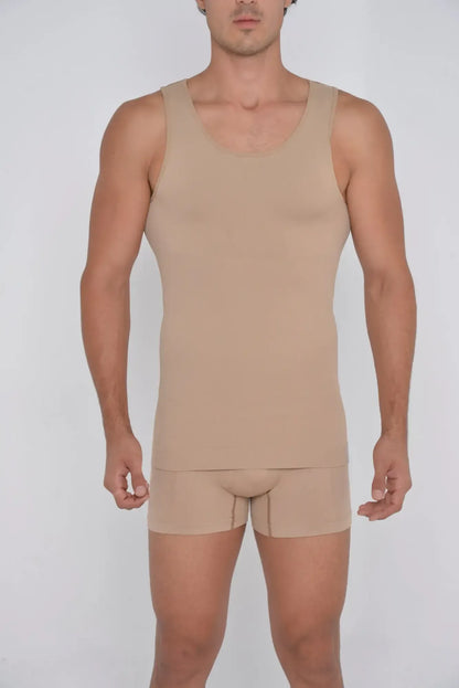 Beige seamless shaper tank top with matching briefs designed for comfortable shaping and smooth fit