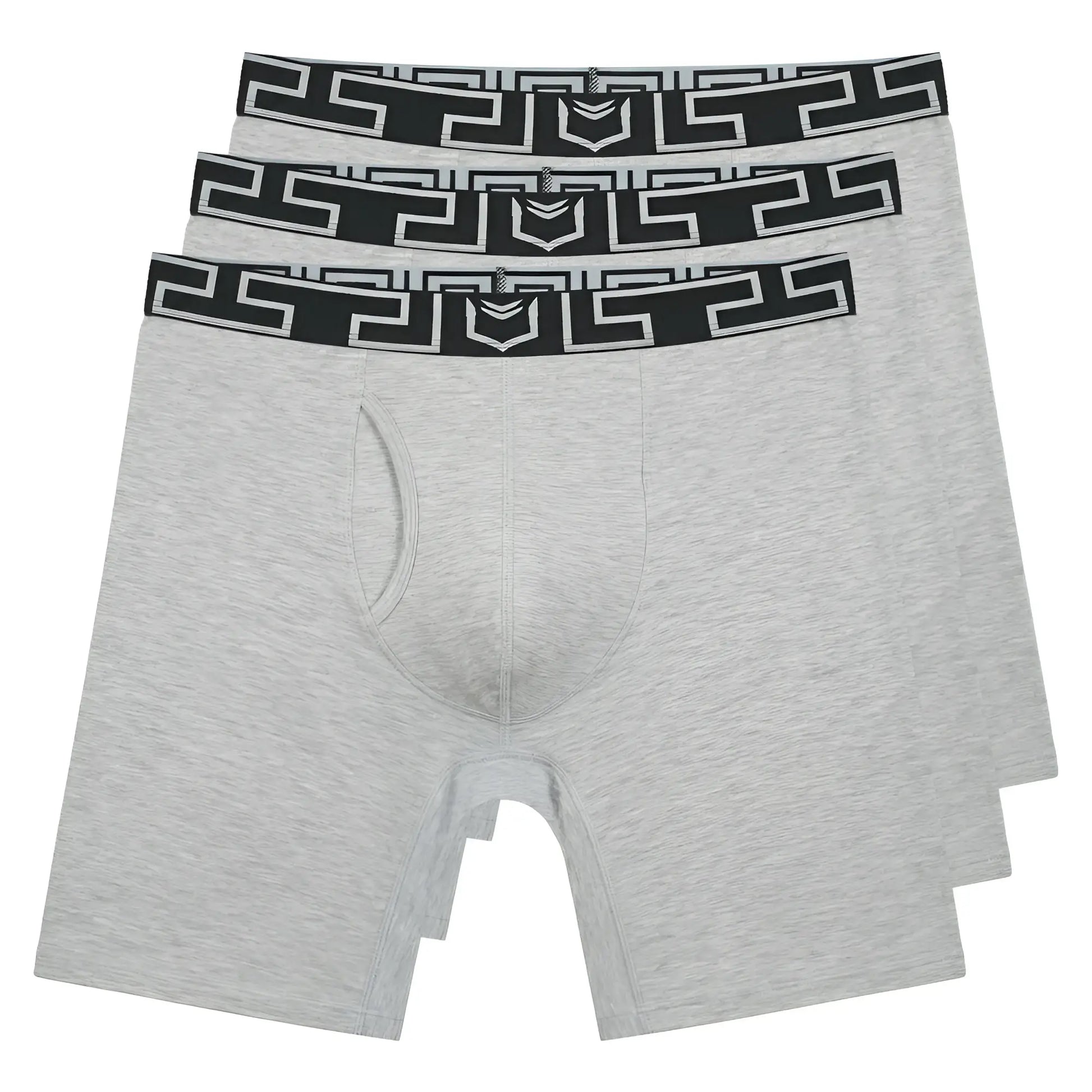 Gray heathered bamboo sheath v men’s 8 inch performance boxer briefs with black and white geometric waistband