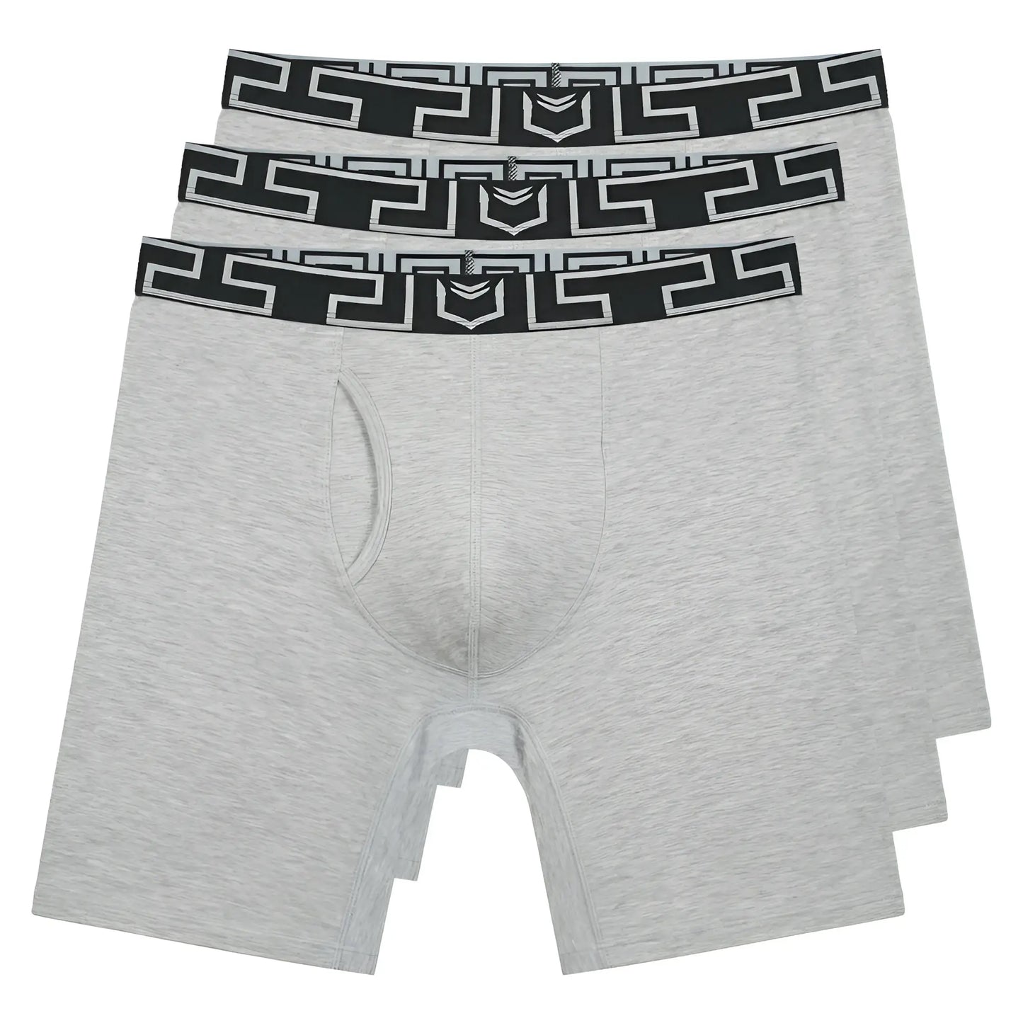 Gray heathered bamboo sheath v mens 8 inch performance boxer briefs with black and white geometric waistband