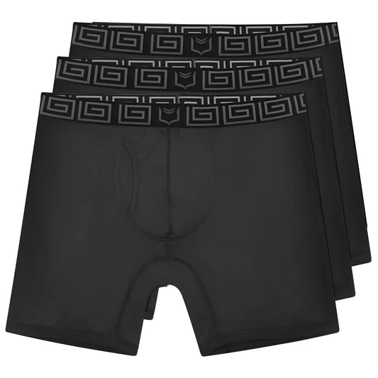 Black sheath v bamboo men’s 8 inch performance boxer briefs with geometric patterned waistband and dual pouch