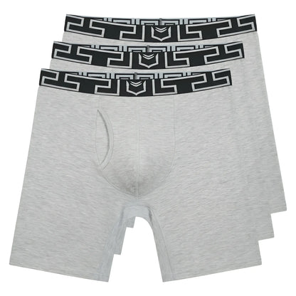 Gray heathered bamboo men’s performance boxer briefs with black and white geometric waistband in three pack