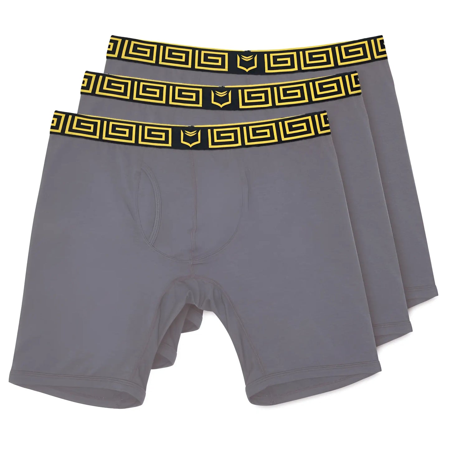 Gray sheath v men’s 8-inch sports performance boxer briefs with black and yellow greek key waistband in 3-pack bundle