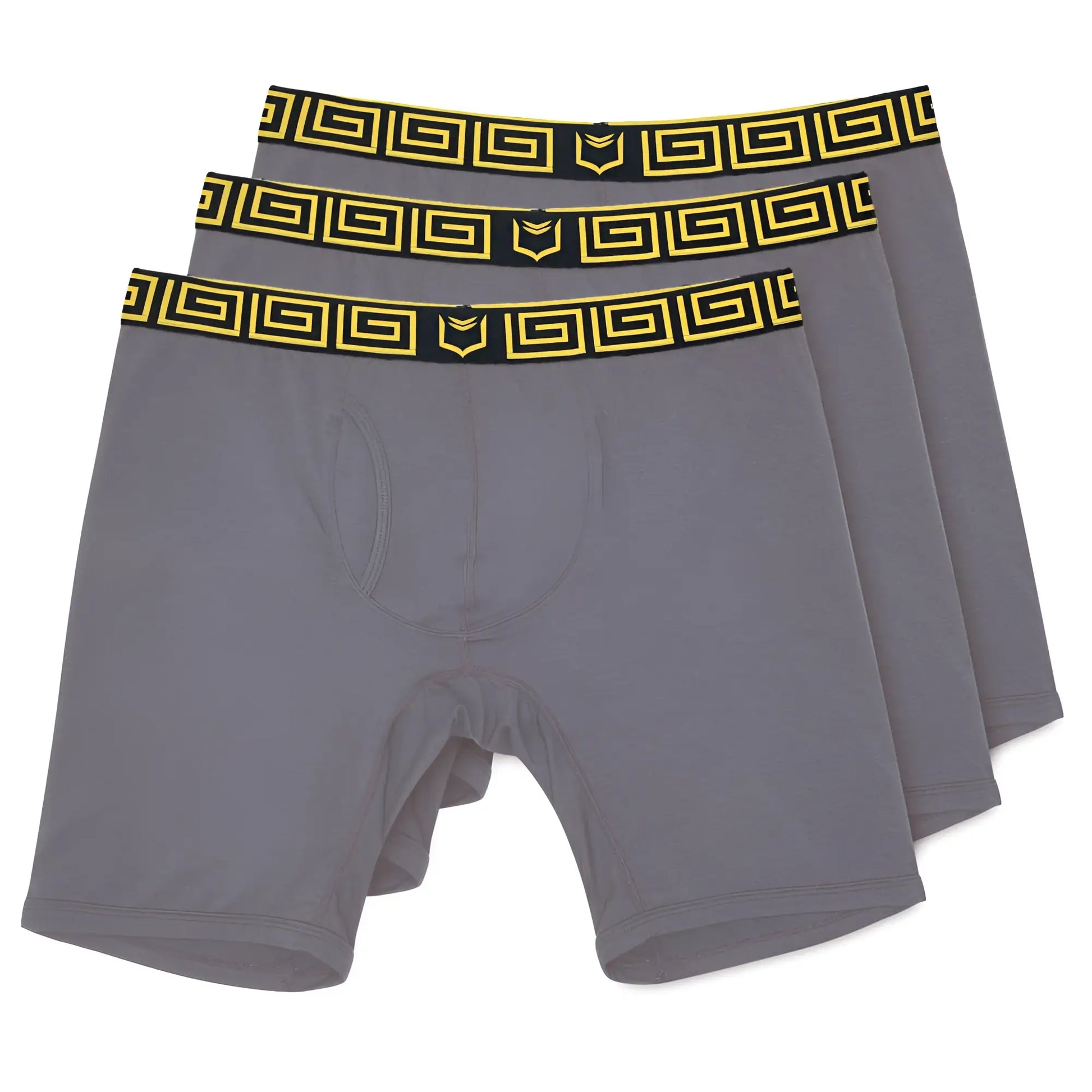Gray sheath v men’s 8-inch sports performance boxer briefs with black and yellow greek key waistband in 3-pack bundle