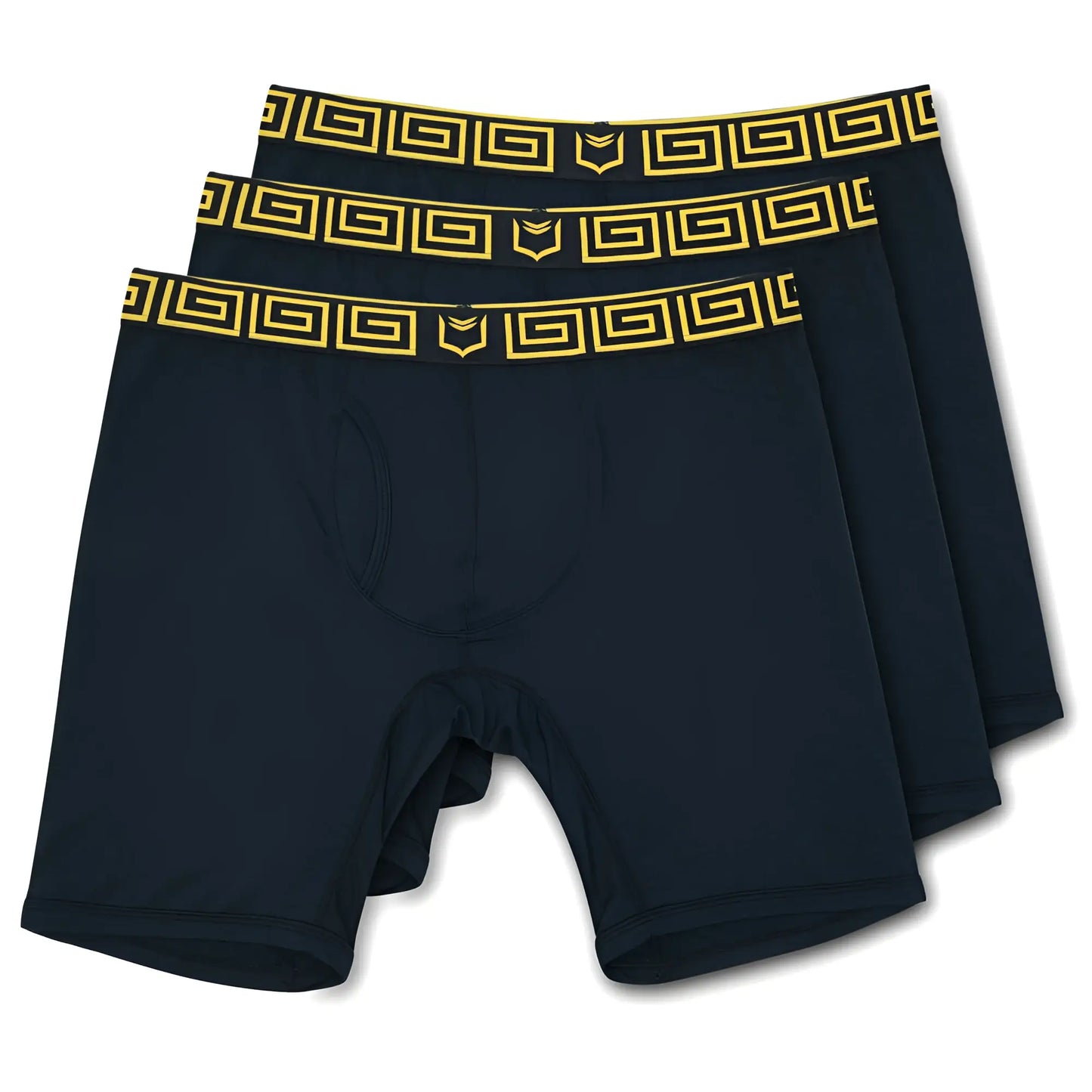 Set of three navy blue sheath v men’s 8-inch sports performance boxer briefs with gold Greek key pattern and logo trim