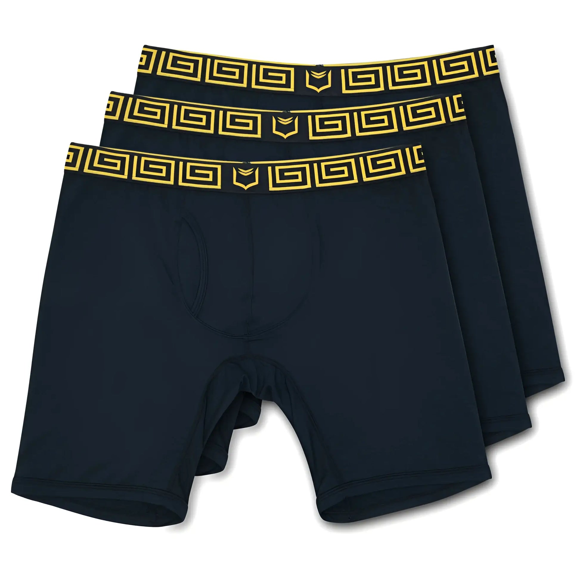 Set of three navy blue sheath v men’s 8-inch sports performance boxer briefs with gold Greek key pattern and logo trim
