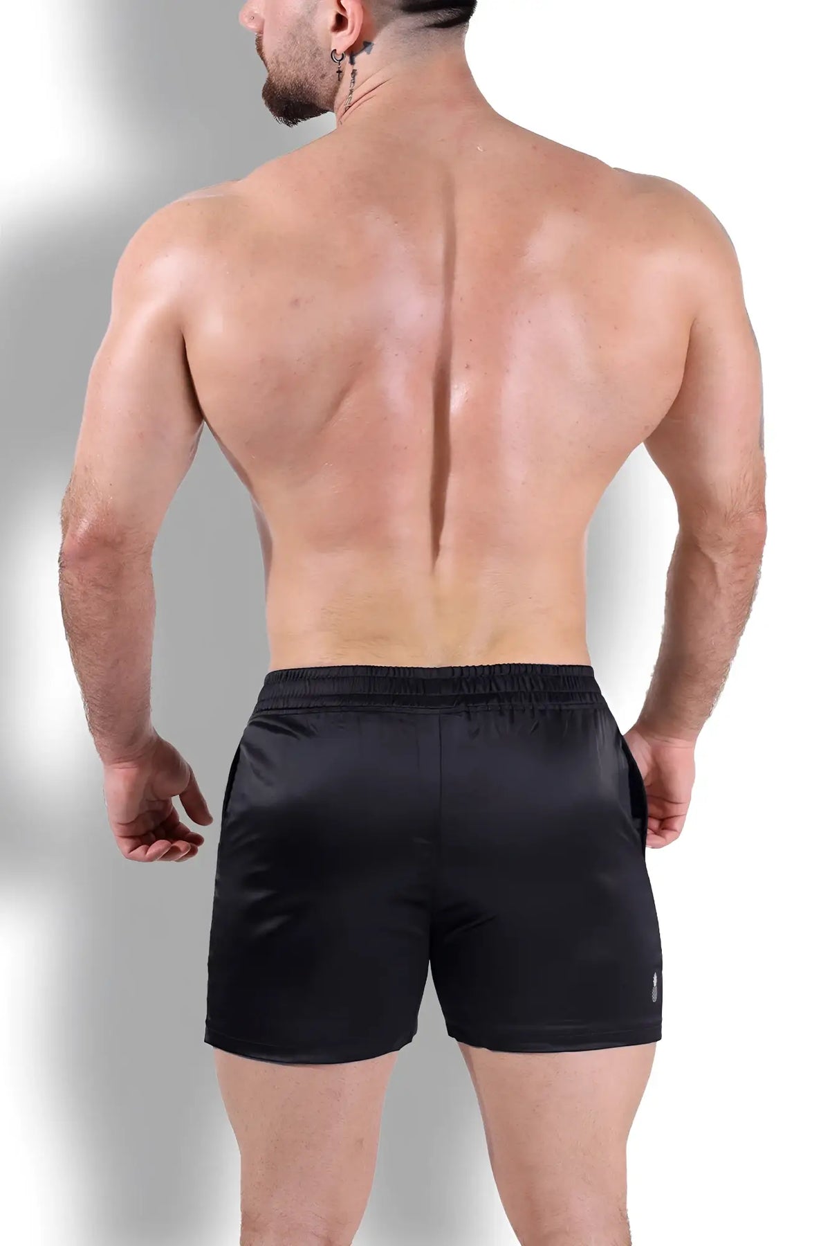 Shimmerflex active shorts midnight black with elastic waistband and sleek satin like finish for athletic use