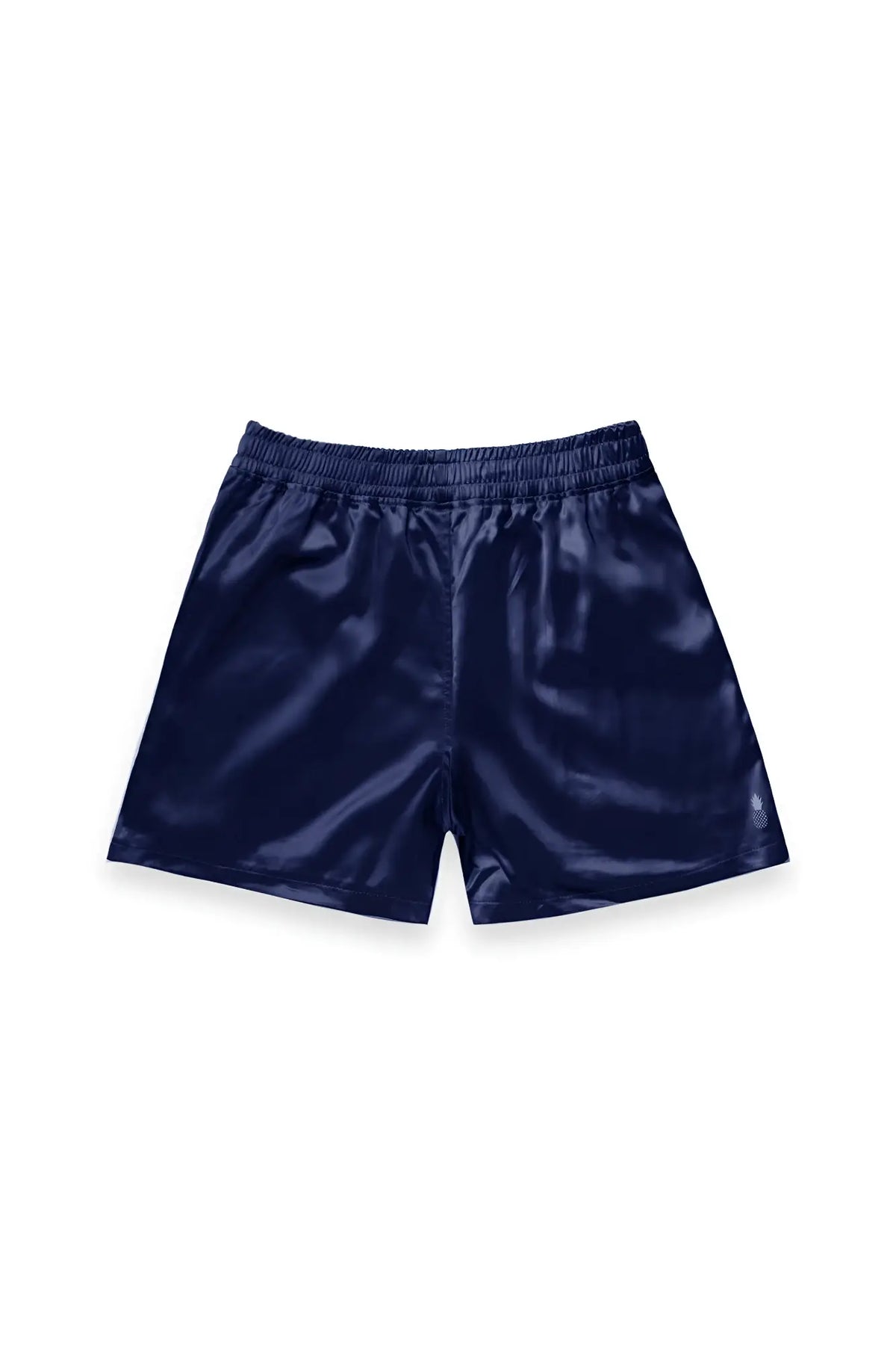 Navy shimmerflex active shorts made of satin with an elastic waistband and small embroidered logo on lower right leg