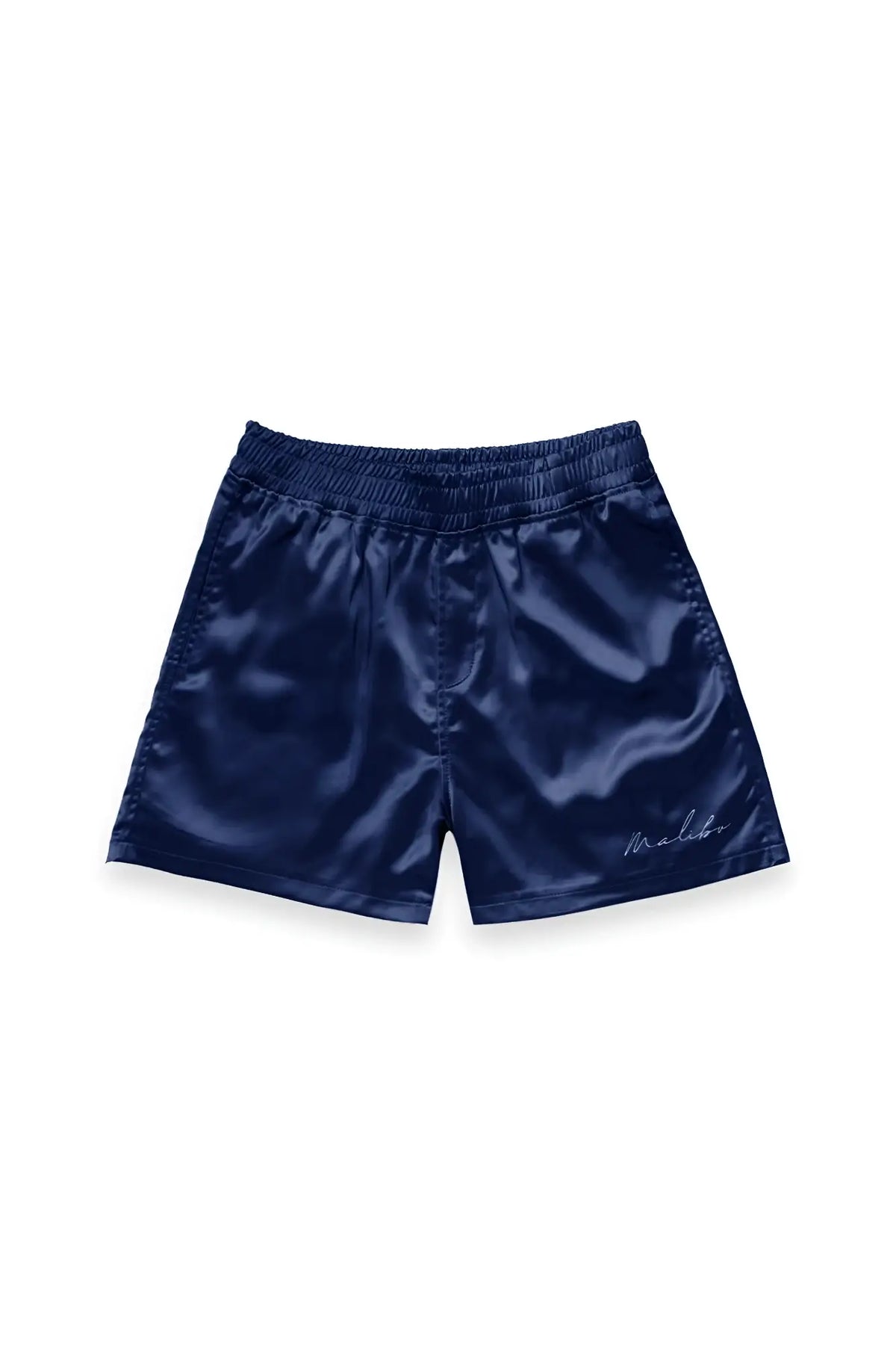 Navy shimmerflex active shorts in satin with subtle embroidered signature on lower right leg for comfortable wear