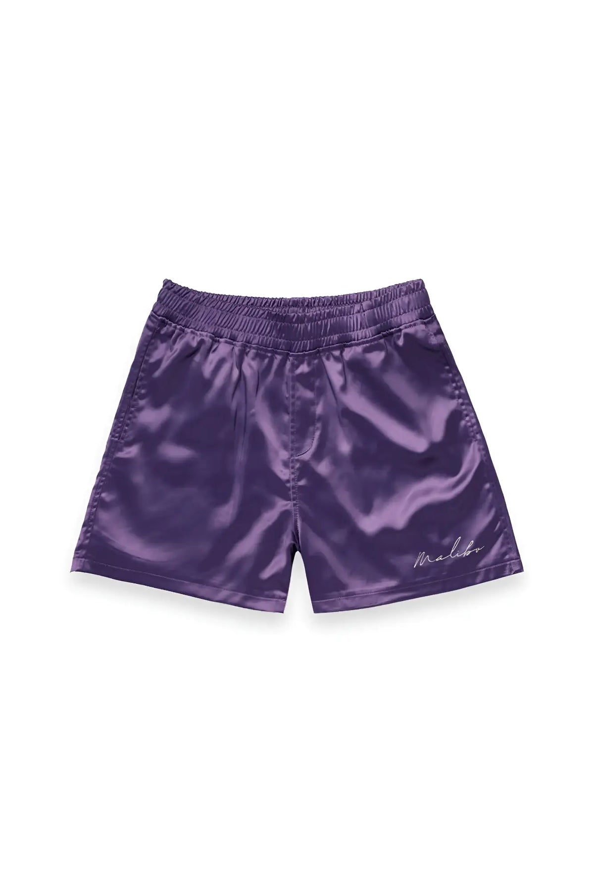 Purple satin shimmerflex active shorts with subtle embroidered logo on lower right leg