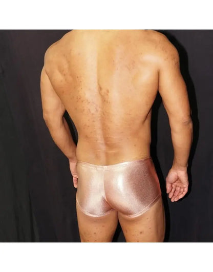 Shiny copper men's boxer underwear by Arroyman featuring a snug fit and smooth material shown from the back.
